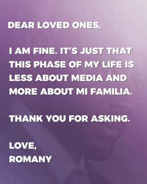 Romany Malco Instagram - I'm deeply moved by everyone reaching out to check on me! 
.
.

With so many inquiries, it's challenging to respond individually, but please rest assured, I'm well and thoroughly enjoying fatherhood.

.
.

This time has been incredibly fulfilling as I have been focused on nurturing my family.

.
.

SOME of you will be pleased to know that I'm doubling down on @tijuanajackson. My plan is to keep him entertaining you throughout much of 2024 and beyond.

.
.

Please understand that my absence is not a slight to anyone, nor is it an avoidance of accountability. My current priorities simply lie elsewhere.

.
.

Sending love to everyone, and fervently hoping that we're all in pursuit of our wildest  dreams.

.
.

With Love and Humility,
#RomanyMalco