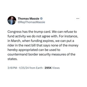 Ron DeSantis Instagram - “This power over the purse may, in fact, be regarded as the most complete and effectual weapon with which any constitution can arm the immediate representatives of the people, for obtaining a redress of every grievance, and for carrying into effect every just and salutary measure.” 
—James Madison, The Federalist No. 58

How many congressmen rail against Biden’s transgressions yet still vote to fund them?