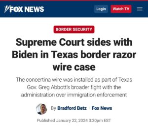 Ron DeSantis Instagram - The Supreme Court is siding with the Biden administration against Texas by allowing the federal government to take down razor wire on the border.

Texas is trying to enforce our laws and uphold our sovereignty while the federal government is disregarding the law and ignoring its responsibility to protect our borders.

What an upside down world.