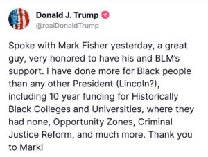 Ron DeSantis Instagram - BLM praising Donald Trump — and Trump celebrating it — makes perfect sense.

When BLM was burning down cities and assaulting police officers in cities across this country, Trump did nothing but sit in the White House tweeting “LAW & ORDER!”

We did it differently in Florida. I didn’t just tweet. I took action and called up the National Guard. We were not going to let our cities burn. 

As President, I will not sit idly by and watch rioters torch American cities.