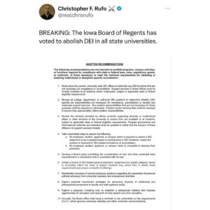 Ron DeSantis Instagram - The Left tells us DEI stands for ‘Diversity, Equity, and Inclusion.’ But as practiced, it more closely represents ‘Discrimination, Exclusion, and Indoctrination.’

That has no place in our universities. I applaud Gov. @kimreynoldsia for fighting back against this scam!

Iowa and Florida continue to lead the way.