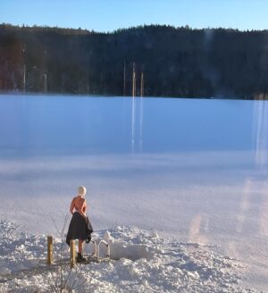 Rose-Aimée Automne T. Morin Instagram - Je me suis levée à 4h30 AM. Deux heures de route plus tard, j’arrivais au magnifique @domaine.lac.cache pour un tournage (zéro sur l’hiver). J’ai vu le lac, j’ai crié, les proprios ont cassé la glace et m’ont prêté un maillot. J’ai regardé le soleil se lever pendant trois minutes, direct dedans. Bref, mes collègues ont droit à une productrice très professionnelle… 📹 par @thebergeandreanne