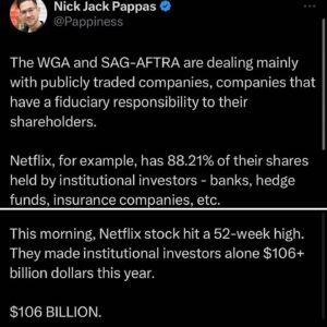 Rose Bianco Instagram - Especially for the NON-FILM&TV folks; for my followers and fans who are wondering where do my beloved immediate bosses fit into this equation.  The answer is:  they are in the RIGHT side of this argument.  The “enemy” here is truly the 1%. The studios only fulfill their #1 Obligation: make their shareholders rich and richer and richer.  Read the full set of captions at @pappiness …. @sagaftra  #sagaftra #wgastrong #unionstrong #AMPTP #eattherich #fairpay #strike