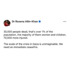 Rosena Allin-Khan Instagram - History will judge how we respond to this atrocity. We have a chance to stop this horror now. We need an immediate ceasefire.

#gaza #palestine #ceasefire #ceasefirenow