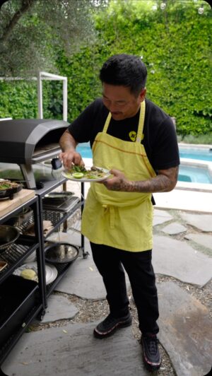 Roy Choi Instagram - Took the new @oonihq Koda 2 Max to the max. I tried to push the limits beyond pizza and cooked up a Korean Fajita Platter by sizzling some Korean BBQ marinated ribeye on a bed of grilled onions and freestyled a handful of flavorful garnishes. Everything I made was cooked in that one powerful oven, including the tortillas. Call me, Impressed.