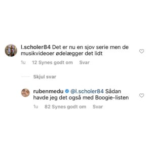 Ruben Søltoft Instagram - Nu er alle otte afsnit af Umage tilgængelige på TV2 Play. Så du kan passende tagge en ven, der kun orker at binge pt.

MANGE TAK for al den positive feedback!! Det er virkelig overvældende! Også stor tak til dem, der rigtig godt kan li’ serien, men “synes det er irriterende, at den hele tiden bliver afbrudt af sange”, haha.

Albummet med de otte tracks kan streames alle de steder, du normalt lytter til ting. (Ej nej nej, hvor bli’r det hårdt for Jada, når hun igen ikke får lov til at åbne Orange).