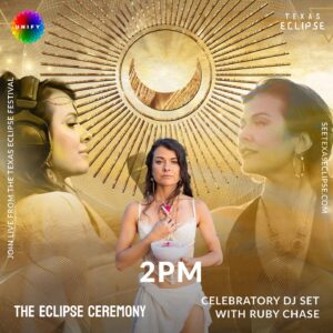 Ruby Chase O'Neil Instagram - This eclipse is about to be such a portal ❤️🌙

Start setting your intentions if you haven’t yet… this is an opportunity for a full reset ✨

See u soon for those of u who will be at @texas_eclipse  and for everyone else we will be live streaming the meditation happening at noon cst April 8 for the moment of Full Totallity and letting it roll into my DJ set at 2pm from the fest ! 

Link is in @iunify bio 🙏🏼🌹

Blessings 

#eclipse #unify #texaseclipse