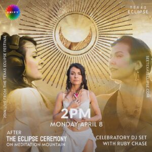 Ruby Chase O'Neil Instagram - Follow the sound of the drums......
Meet at the top of Meditation Mountain for the Unify Eclipse Ceremony on Monday, April 8th for the Total Eclipse.

Seating starts at 11:00 am and the ceremony begins at 12:00 Noon.

24 singers and musicians will lead us through a musical meditation journey with ceremonialist, Isis Indriya & Unify Co-Founder, Patrick Kronfli to the point of Totality when the sound system will be turned off and we’ll experience the awe of celestial wonder.

Musicians & singers include SnowRaven, Ruby Chase, Vylana, Tina Rodriguez, Jose Sulla, Ma Ze Tar, Sarah Solstice, the Bird Tribe, and more!.

After the eclipse, we’ll wind down the ceremony with a sound healing and then move into a celebratory DJ set with Ruby Chase.

This ceremony is up on a hill with amphitheater style seating. Bring a towel, blanket, or pillow to sit on. Wear white if you’re inspired. Everyone will have a great view.

** We are still raising donations for the production of the Eclipse Ceremony. It's a lot to put together. So...If you’re wanting to have cush seating set up for you with a bit more pampering, cacao, and other perks, you can donate and get premium seating for this experience by clicking the "extras" link in the bio @texas_eclipse. **

Remember to follow the sound of the drums to find the ceremony space and show up early to find your spot.

Get ready for the experience of life-time. Pure Magic coming your way.

@spiritofkalibri @howtowild @rodstrykerofficial @isis_indriya @vylana @rubychase @mahzetar @thetinarodriguez @texas_eclipse @1000whitelions @snowravenofficial #texaseclipse #eclipse #texas #austin #meditation