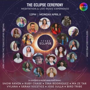 Ruby Chase O'Neil Instagram - Follow the sound of the drums......
Meet at the top of Meditation Mountain for the Unify Eclipse Ceremony on Monday, April 8th for the Total Eclipse.

Seating starts at 11:00 am and the ceremony begins at 12:00 Noon.

24 singers and musicians will lead us through a musical meditation journey with ceremonialist, Isis Indriya & Unify Co-Founder, Patrick Kronfli to the point of Totality when the sound system will be turned off and we’ll experience the awe of celestial wonder.

Musicians & singers include SnowRaven, Ruby Chase, Vylana, Tina Rodriguez, Jose Sulla, Ma Ze Tar, Sarah Solstice, the Bird Tribe, and more!.

After the eclipse, we’ll wind down the ceremony with a sound healing and then move into a celebratory DJ set with Ruby Chase.

This ceremony is up on a hill with amphitheater style seating. Bring a towel, blanket, or pillow to sit on. Wear white if you’re inspired. Everyone will have a great view.

** We are still raising donations for the production of the Eclipse Ceremony. It's a lot to put together. So...If you’re wanting to have cush seating set up for you with a bit more pampering, cacao, and other perks, you can donate and get premium seating for this experience by clicking the "extras" link in the bio @texas_eclipse. **

Remember to follow the sound of the drums to find the ceremony space and show up early to find your spot.

Get ready for the experience of life-time. Pure Magic coming your way.

@spiritofkalibri @howtowild @rodstrykerofficial @isis_indriya @vylana @rubychase @mahzetar @thetinarodriguez @texas_eclipse @1000whitelions @snowravenofficial #texaseclipse #eclipse #texas #austin #meditation
