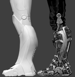 Ryan Meinerding Instagram - On the right is my design for the boot understructure for Iron Man.  This was done for a scene of Tony building the boots and testing them out in the garage.