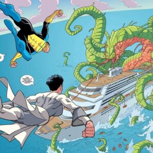 Ryan Ottley Instagram - Awwww yes. Anissa has finally arrived to the Invincible animated series. This part of the story is from issue 44. From 2007. At this point we were slamming out monthly issues on a consistent basis, Invincible was my everyday life since the first year it debuted in 2003, I took up the mantle as new artist at the end of that year with issue 8. So by 2007 I was a few years in and absolutely loving the script I’m getting from Robert every month. Robert wanted a new Viltrumite lady with short black hair and big boobs 😂, I did the best I could to create a new design and new sea monster creatures to kill. The thing I hated most was drawing that cruise ship, what a pain in the ass! But I figured it out. The thing I didn’t figure out, was female anatomy! I do look back at this old art and wish I studied female anatomy more at the time. I drew boobs like basketballs. Come on, Ottley! Study harder! He’ll get a little better, give him time. 😜 One thing I like about Robert’s scripts was how he wanted me to draw pacing, look at the last pic here, Anissa punches Mark, next panel Mark is super far away from the zoomed out island and Anissa is already caught up. He wanted me to portray Viltrumite speed and strength in this way, and it worked great! I also love the changes from the comic to the show. Having Amber there instead of Debbie was a good idea to tie things together quicker. I love that Robert is using the show as a second draft and tightening things up. Hope you liked the episode! Finale next week!