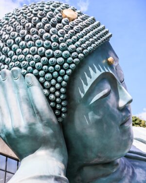 SHOCK EYE Instagram - 南蔵院の釈迦涅槃像（しゃかねはんぞう）は、
全長41m、高さ11m、300トンとブロンズ製では世界最大級✨
この場所に到着した時に
まずその頭頂部が見えてくるんだけど、
「でかっ！」
と咄嗟に声をあげてしまったよ^ ^

涅槃とは、
煩悩の火を消して、智慧の完成した悟りの境地とある。
サンスクリット語でニルヴァーナ。
仏教の究極的な実践目的、最終到達である涅槃、、
そのお顔は穏やかでとても優しく見えたよ^ ^

ちなみに豆情報✨
この涅槃像1995年5月に完成。同年6月、南蔵院の住職がジャンボ宝くじで1等前後賞1億3千万円に当選し、当時釈迦涅槃像のご利益と話題になったそうだよ😳

すごいね😆

#南蔵院  #南蔵院涅槃像 #パワースポット