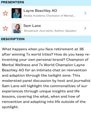 Sam Lane Instagram - In conversation with Layne Beachley @sxswsydney. A joy with a true gem. 
Our session was about reinvention and adaptation, and riding waves of all of that. And some!
An extra memorable one, @laynebeachley 🌊 💎 
Thank you @tessmoroney & #sxsw #sxswsydney for having us, and to our very lovely audience.