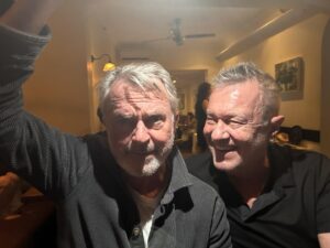 Sam Neill Instagram - Dinner with this old pal @jimmybarnesofficial . I am demonstrating the Spielberg Thriller Top Lighting Rule ( top thriller light , bottom for horror etc . Unfortunately , i look like a maniac, and Jimmy looks normal. Shouldn’t it be the other…..Ah well . 
Incidentally, Jimmy just sings better every damn year . Ain’t that the truth ?