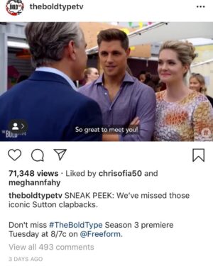 Sam Page Instagram - @theboldtypetv Season 3 on tonight. Thank you to my sister @chrisofia50 for liking this post I screenshotted. Also 👋🏻 to @meghannfahy !