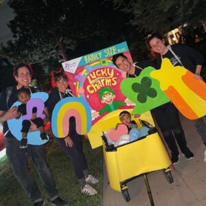 Sam Tsui Instagram - 🍀❤️lucky charms💫🎈
Excited to bring back the epic group costume with @caseybreves @yzinkow and @mollyshoffman84 now featuring our beautiful babies as the littlest charms!! It was an epic second Halloween for Elaia - this time she actually got to get out of the wagon and trick-or-treat a bit herself! So happy to get to share our tradition of ambitious, ungainly, and impractical cardboard Halloween costumes with our kids!! #halloween #halloweencostume #luckycharms #halloween2022