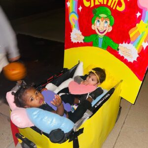 Sam Tsui Instagram - 🍀❤️lucky charms💫🎈
Excited to bring back the epic group costume with @caseybreves @yzinkow and @mollyshoffman84 now featuring our beautiful babies as the littlest charms!! It was an epic second Halloween for Elaia - this time she actually got to get out of the wagon and trick-or-treat a bit herself! So happy to get to share our tradition of ambitious, ungainly, and impractical cardboard Halloween costumes with our kids!! #halloween #halloweencostume #luckycharms #halloween2022