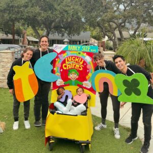 Sam Tsui Instagram - 🍀❤️lucky charms💫🎈
Excited to bring back the epic group costume with @caseybreves @yzinkow and @mollyshoffman84 now featuring our beautiful babies as the littlest charms!! It was an epic second Halloween for Elaia - this time she actually got to get out of the wagon and trick-or-treat a bit herself! So happy to get to share our tradition of ambitious, ungainly, and impractical cardboard Halloween costumes with our kids!! #halloween #halloweencostume #luckycharms #halloween2022