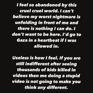 Sarah Alami Instagram - There’s not much to say anymore. Are people not seeing the same thing I am? I’m honestly perplexed. Maybe my perspective is just different. Maybe seeing what my family has been through has scarred me. I thought the world could see but nothing is being done and those who were so outspoken in the beginning are now just quiet. They have nothing to say and they refuse to look at the videos of what they are doing. This world is cruel and hateful and will never change when people believe their race or religion is superior to all others
