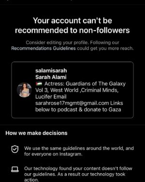 Sarah Alami Instagram - Not only does speaking out cause me to get dropped by my agent, losing jobs and a whole other level of bullying but I am silenced on what I can post and who sees those posts. I love you guys that follow me but the goal is to have conversations with those who didn’t know what was happening in #Palestine how can I get the word out if I’m going to continue being silenced? @meta #meta