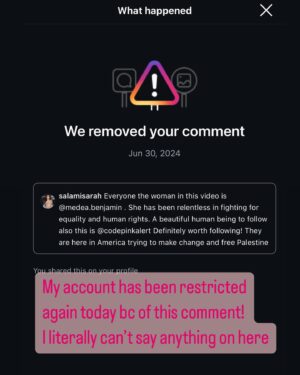 Sarah Alami Instagram - Banned Again bc I made this comment on a video @medea.benjamin @codepinkalert #shadowbanned
