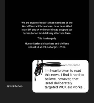 Sarah Alami Instagram - This person commented she finds it hard to believe Israel would attack aid workers 🥴🙆🏻‍♀️ When literally they’ve killed 40 thousand people they have attacked Little children that we have videos of with no Hamas around them . They have targeted doctors and ambulances and journalists specifically but this person has a hard time believing they would attack volunteers 🥴  Lord help me hold strength to deal with the pure racism and ethnic cleansing we are facing. This is why they get away with it bc clear evidence is being ignored time and time again even in plain sight