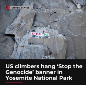 Sarah Alami Instagram - Mountain climbers scaled El Capitan rock formation in California's #Yosemite Valley to hang the banner as part of a 24-hour demonstration to draw attention to Israel's genocide in #Gaza.
"We're taking our message to the most iconic climb in the most-visited valley in one of the most-visited national parks," said Emily Weinstein, a Jewish American writer who lives in Berkeley and co-founder of the climbing group. @climbersforpalestine #jewish #palestine #gaza #mountains #mountainclimbing ❤️