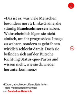 Sarah-Lee Heinrich Instagram - Sich über die Grünen und ihre heuchlerische Art aufzuregen, ist spätestens in den vergangenen zwei Jahren zum linken Volkssport geworden. Das ist auch verständlich, wenn man sich anschaut, wie viele schlechte Entscheidungen Grüne getroffen oder mitgetragen haben.

Die Kampfjets für die Kriegstreiber in Saudi-Arabien sind nur der neuste Aufreger. Das Bürgergeld droht, nach und nach wieder zu Hartz IV zu werden – oder, in Sachen Sanktionen, sogar noch härter. Die schwache Kindergrundsicherung bekämpft Kinderarmut nicht. Die Asylpolitik in Deutschland und der EU wird immer menschenfeindlicher und an allen Enden wird gespart. Die Politik, die die Grünen mitmachen, macht auch ihr Kernanliegen Klimaschutz unpopulär und ist ein gefundenes Fressen für die AfD.

Natürlich ist es so, dass mit der SPD noch eine zweite Mitte-links-Partei diese Entscheidungen mindestens genau so sehr, wenn nicht sogar noch mehr zu verantworten hat. Und trotzdem steigt der Puls besonders, wenn schlechte Rechtfertigungen von Grünen kommen. Das liegt auch daran, dass sie sechzehn Jahre in der Opposition waren. Für die neue Generation von jungen Linken war die Erinnerung an die rot-grüne Regierung und die Agenda-Politik inzwischen verblasst.

Den ganzen Artikel von @xsarahleee gibt es auf jacobin.de 🗞️