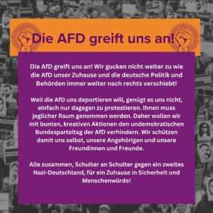 Sarah-Lee Heinrich Instagram - The AFD is attacking us!
(Next slides are in English, German, Turkish, Kurdish, Arabic, Russian and Spanish)🗣️

We will not continue to watch as the AfD pushes our home and German politics and authorities further  further to the right.

Because the AfD wants to deport us, it is not enough for us to simply protest against it. The AfD is a party led by racists. They must be denied any space. That is why we want to prevent the undemocratic federal party conference of the AfD with colorful, creative actions. In doing so, we are protecting ourselves, our relatives and our friends.

All of us, shoulder to shoulder, we stand against a second Nazi Germany, for a safe home and human dignity!🔥 

Read, Sign and share our full call on the website! https://widersetzen.com

Migrantischer Widerstand damals, Heute, Morgen!