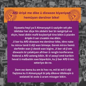 Sarah-Lee Heinrich Instagram - The AFD is attacking us!
(Next slides are in English, German, Turkish, Kurdish, Arabic, Russian and Spanish)🗣️

We will not continue to watch as the AfD pushes our home and German politics and authorities further  further to the right.

Because the AfD wants to deport us, it is not enough for us to simply protest against it. The AfD is a party led by racists. They must be denied any space. That is why we want to prevent the undemocratic federal party conference of the AfD with colorful, creative actions. In doing so, we are protecting ourselves, our relatives and our friends.

All of us, shoulder to shoulder, we stand against a second Nazi Germany, for a safe home and human dignity!🔥 

Read, Sign and share our full call on the website! https://widersetzen.com

Migrantischer Widerstand damals, Heute, Morgen!