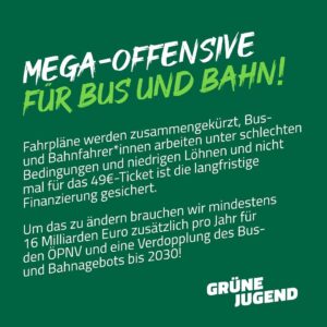 Sarah-Lee Heinrich Instagram - SOLIDARITÄT GRENZENLOS! ✊

👉Auf dem Bundeskongress haben wir einen Leitantrag beschlossen, der klar macht: Die liberalen Ampel-Politik schafft einen Nährboden für Rechte - weil sie keine Antworten auf soziale Fragen liefert! Aber: Dieser Zustand ist veränderbar!

🤝Um die Klimakrise endlich auch sozial gerecht gestalten zu können, müssen wir mehr werden - und dafür tun wir uns jetzt zusammen! Wir unterstützen die Kampagne #WirFahrenZusammen und gehen Seite an Seite mit Beschäftigten des ÖPNV & Aktivist*innen aus der Klimabewegung auf die Straße damit es das gibt, was es braucht: Faire Löhne, gute Arbeitsbedingungen & eine echte Verkehrswende! 

🔥Wir brauchen strukturelle Maßnahmen, die auch in der Zukunft wirken - und das bedeutet oft: Umverteilung jetzt! Deshalb fordern wir:
- Tax the rich! Her mit der Vermögenssteuer!
- Schuldenbremse abschaffen!
- Unterfinanzierung von Jugendarbeit und Demokratieförderung stoppen!
- Bezahlbarer Wohnraum für alle! Große Wohnungskonzerne vergesellschaften!
- Echte Entlastung für den steigenden CO2-Preis: Klimageld jetzt!
- Mindestlohn auf 15€ anheben!
- Ausbildungsvergütung & BAföG an die Inflation anpassen - unsere Ausbildung darf uns nicht in die Armut treiben!

🚌 Mega-Offensive für Bus und Bahn! Wir fordern:
- mindestens 16 Milliarden Euro zusätzlich pro Jahr für den ÖPNV!
- eine Verdopplung des Bus- und Bahnagebots bis 2030!

#solidarität #krise #schuldenbremse #bundesregierung #gruenejugend #solidaritätgrenzenlos