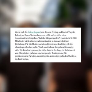 Sarah-Lee Heinrich Instagram - 🧭ZEIT FÜR KURSWECHSEL @die_gruenen 

Wir starten heute in unseren Bundeskongress. @xsarahleee und @dzienus haben mit der Südteuschen Zeitung darüber gesprochen, was es aus unserer Perspektive jetzt politisch braucht. Grade auch von der Grünen Partei. 
📖Lest rein!