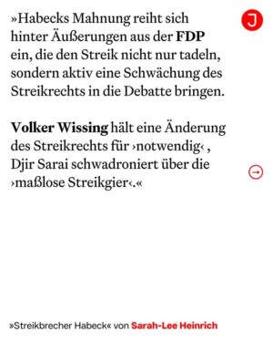 Sarah-Lee Heinrich Instagram - Robert Habeck findet also, die Menschen arbeiten zu wenig und streiken zu viel. In einem Statement kritisiert er, zu einer Zeit, in der über 700.000 Stellen unbesetzt sind, könne man doch nicht über Arbeitszeitverkürzung nachdenken. Damit offenbart er viel über sein Verständnis von Politik und illustriert außerdem perfekt, warum die Grüne Partei unter vielen Beschäftigten wenig Sympathie erfährt.

Statt über die gesellschaftlichen Gründe für diesen »Fachkräftemangel« zu reden, appelliert er an die Verantwortung eines »Wir«, das jetzt einfach mehr arbeiten müsse. Das stärkt strukturell die Arbeitgeberseite. Denn die schrittweise Verkürzung der Arbeitszeit ist seit jeher ein Kernanliegen der Arbeiterbewegung und unter den Arbeitenden extrem populär. Denn bei gleichem Geld für weniger Arbeit bedeutet sie eine ordentliche Lohnsteigerung pro Stunde. Aber nicht nur das: Die Beteuerung, dass man jetzt nicht zu viel verlangen sollte, untergräbt auch die Verhandlungen über einen Inflationsausgleich. Das ist für die gegenwärtig wieder aufkeimende Streikbewegung fatal.

Aber auch an dem Problem, dass in wichtigen Branchen Beschäftigte fehlen, geht Habecks Argumentation vorbei: Denn es ist ein strukturelles und hat wenig damit zu tun, dass Menschen sich davor scheuen, zu arbeiten. Sie scheuen sich vielmehr davor, unter schlechten Bedingungen zu arbeiten. Und das ist auch gut so. Es wird zu wenig ausgebildet, zu wenige Azubis werden übernommen und die Arbeitsbedingungen sind nicht rosig. Und wir haben viele fähige Beschäftigte, die an sinnvolleren Orten arbeiten könnten: mehr Bus-, statt Uber-Fahrerinnen, mehr Bahn-, statt SUV-Bauer.

Den ganzen Artikel von @xsarahleee gibt es auf jacobin.de🗞️