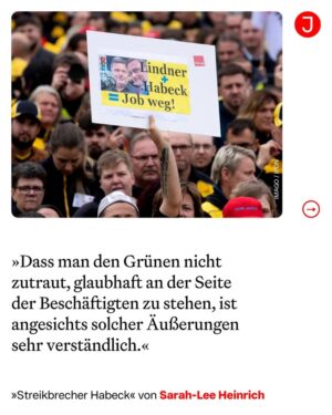 Sarah-Lee Heinrich Instagram - Robert Habeck findet also, die Menschen arbeiten zu wenig und streiken zu viel. In einem Statement kritisiert er, zu einer Zeit, in der über 700.000 Stellen unbesetzt sind, könne man doch nicht über Arbeitszeitverkürzung nachdenken. Damit offenbart er viel über sein Verständnis von Politik und illustriert außerdem perfekt, warum die Grüne Partei unter vielen Beschäftigten wenig Sympathie erfährt.

Statt über die gesellschaftlichen Gründe für diesen »Fachkräftemangel« zu reden, appelliert er an die Verantwortung eines »Wir«, das jetzt einfach mehr arbeiten müsse. Das stärkt strukturell die Arbeitgeberseite. Denn die schrittweise Verkürzung der Arbeitszeit ist seit jeher ein Kernanliegen der Arbeiterbewegung und unter den Arbeitenden extrem populär. Denn bei gleichem Geld für weniger Arbeit bedeutet sie eine ordentliche Lohnsteigerung pro Stunde. Aber nicht nur das: Die Beteuerung, dass man jetzt nicht zu viel verlangen sollte, untergräbt auch die Verhandlungen über einen Inflationsausgleich. Das ist für die gegenwärtig wieder aufkeimende Streikbewegung fatal.

Aber auch an dem Problem, dass in wichtigen Branchen Beschäftigte fehlen, geht Habecks Argumentation vorbei: Denn es ist ein strukturelles und hat wenig damit zu tun, dass Menschen sich davor scheuen, zu arbeiten. Sie scheuen sich vielmehr davor, unter schlechten Bedingungen zu arbeiten. Und das ist auch gut so. Es wird zu wenig ausgebildet, zu wenige Azubis werden übernommen und die Arbeitsbedingungen sind nicht rosig. Und wir haben viele fähige Beschäftigte, die an sinnvolleren Orten arbeiten könnten: mehr Bus-, statt Uber-Fahrerinnen, mehr Bahn-, statt SUV-Bauer.

Den ganzen Artikel von @xsarahleee gibt es auf jacobin.de🗞️