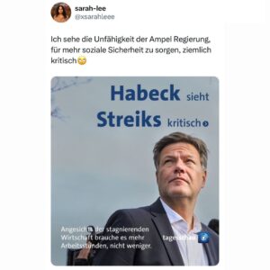 Sarah-Lee Heinrich Instagram - Dass Beschäftigte für ihr Recht auf ein gutes Leben einstehen, ist gerade jetzt bei diesem krassen Rechtsruck das beste Gegenmittel. Ich finde, dass es da keine Belehrungen aus der Politik braucht. Stattdessen könnte die Bundesregierung mal was für mehr soziale Sicherheit tun. @robert.habeck
