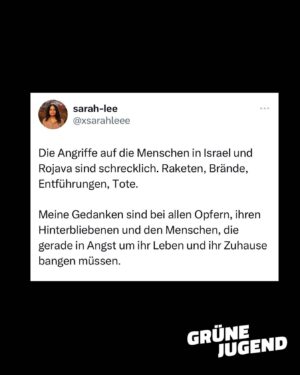 Sarah-Lee Heinrich Instagram - Heute hat die Hamas Israel angegriffen.  Gestern gab es von der Türkei Angriffe auf die kurdischen Gebiete in Rojava.  Wir verurteilen diese Angriffe aufs Schärfste und sind solidarisch mit den Leidtragenden. Die Gewalt muss enden! Hier leiden Familien, Freunde, Kinder, Menschen. Unsere Gedanken sind bei den Opfern & ihren Angehörigen.