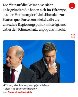 Sarah-Lee Heinrich Instagram - Sich über die Grünen und ihre heuchlerische Art aufzuregen, ist spätestens in den vergangenen zwei Jahren zum linken Volkssport geworden. Das ist auch verständlich, wenn man sich anschaut, wie viele schlechte Entscheidungen Grüne getroffen oder mitgetragen haben.

Die Kampfjets für die Kriegstreiber in Saudi-Arabien sind nur der neuste Aufreger. Das Bürgergeld droht, nach und nach wieder zu Hartz IV zu werden – oder, in Sachen Sanktionen, sogar noch härter. Die schwache Kindergrundsicherung bekämpft Kinderarmut nicht. Die Asylpolitik in Deutschland und der EU wird immer menschenfeindlicher und an allen Enden wird gespart. Die Politik, die die Grünen mitmachen, macht auch ihr Kernanliegen Klimaschutz unpopulär und ist ein gefundenes Fressen für die AfD.

Natürlich ist es so, dass mit der SPD noch eine zweite Mitte-links-Partei diese Entscheidungen mindestens genau so sehr, wenn nicht sogar noch mehr zu verantworten hat. Und trotzdem steigt der Puls besonders, wenn schlechte Rechtfertigungen von Grünen kommen. Das liegt auch daran, dass sie sechzehn Jahre in der Opposition waren. Für die neue Generation von jungen Linken war die Erinnerung an die rot-grüne Regierung und die Agenda-Politik inzwischen verblasst.

Den ganzen Artikel von @xsarahleee gibt es auf jacobin.de 🗞️
