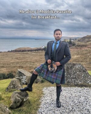 Saransh Goila Instagram - *That Hawa ka Jhonka* kinda pose! Thanks @kenscotguide @gordonnicolsonkiltmakers for making me wear this with such style.

Yearly reminder of the most comfortable outfit I've ever worn in my life (the right way with nothing inside) and I think I've aced the art of wearing a kilt now a couple of times! Aside from the light humour - loooove these Scottish kilts, their style, full respect to my Scottish brothers and oh man the lsle of Skye (one of the most beautiful places on our planet) I miss being there!

My kilt skills are yay or Nay?

.

.

#kilts #scottish #indianchef #kilt #fashionista #cheflife #isleofskye #nature