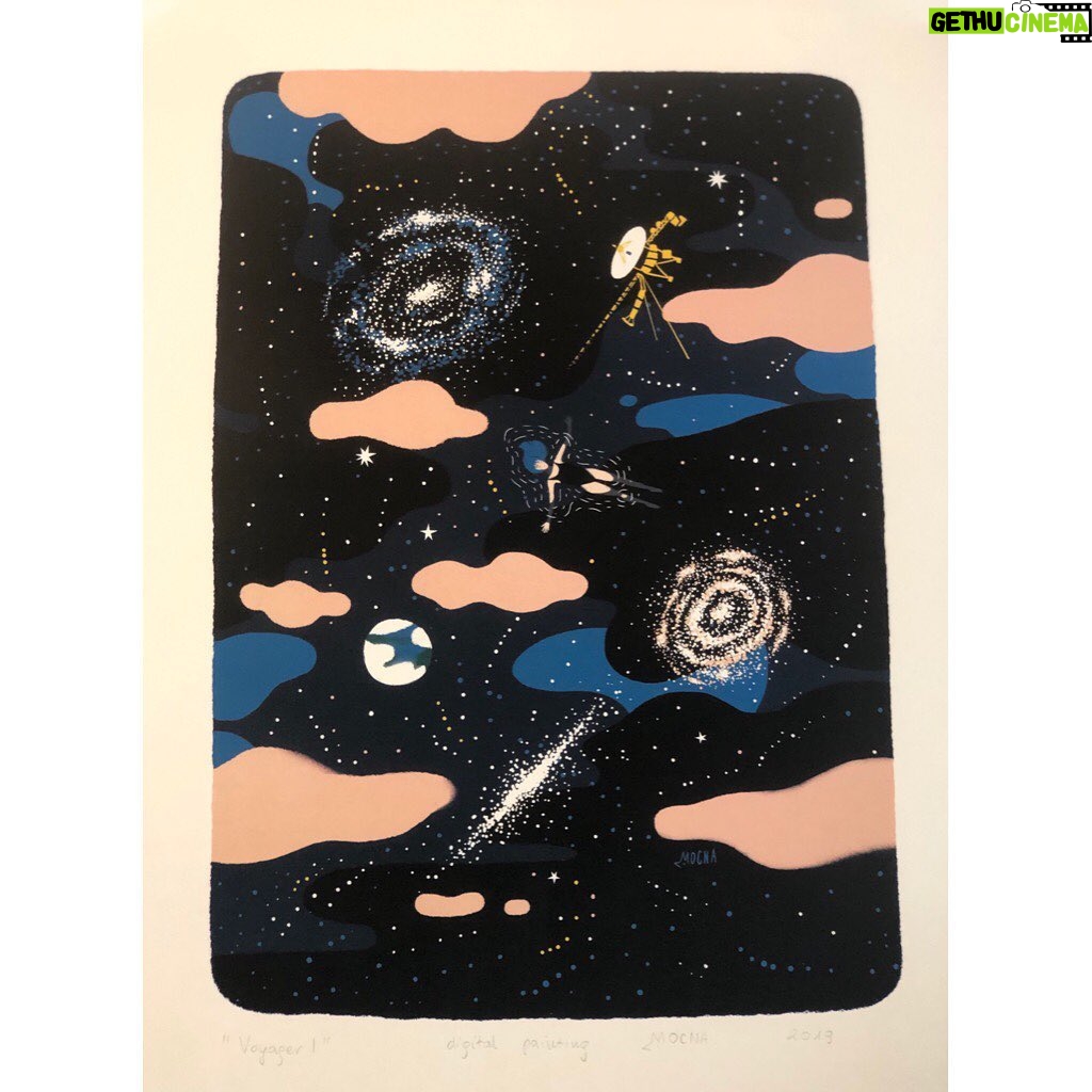 Sasha Sagan - 1.3K Likes - Thanks to the wonders of science and technology I made friends with a gifted artist who lives across a great ocean. She sent me this beautiful creation of a woman and one of the Voyager spacecrafts in the ocean of the universe. And somehow it all feels like a little poem about vast oceans and ways small creatures such as we find to send messages across them. 📡🌌🖤 Thank you @paulina.mocna, from the bottom of my heart, for this. #voyager