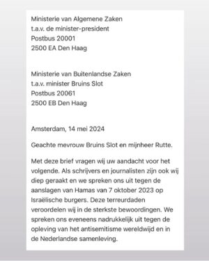 Saskia Noort Instagram - Met ruim 450 schrijvers, journalisten en academici roepen wij met deze brief onze regering op om de daadkracht te tonen en een staakt het vuren te eisen.  Ik wil dat het bombarderen van kinderen en burgers en daarmee ook het doorgeven van haat van generatie op generatie, stopt. Uiteraard walg ik ook van de aanvallen op 7 oktober en de terreur van HAMAS en wil ik dat de gijzelaars herenigd worden met hun familie en geliefden.