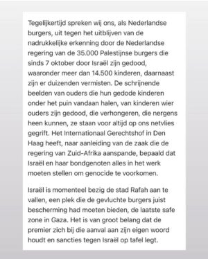 Saskia Noort Instagram - Met ruim 450 schrijvers, journalisten en academici roepen wij met deze brief onze regering op om de daadkracht te tonen en een staakt het vuren te eisen.  Ik wil dat het bombarderen van kinderen en burgers en daarmee ook het doorgeven van haat van generatie op generatie, stopt. Uiteraard walg ik ook van de aanvallen op 7 oktober en de terreur van HAMAS en wil ik dat de gijzelaars herenigd worden met hun familie en geliefden.