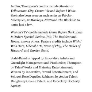 Scottie Thompson Instagram - In the best of company with this one. So thrilled to be in the comedy realm again, with all kinds of twists and turns of the heart. A wild ride @downtothefeltmovie with the most wonderful collaborators. 

Thank you to the amazing cast @michaelstahldavid @_michael_weston for your profound talent and to the wildly wonderful professional crew in Columbus. And to our fearless and fabulous director @thejonosbeck and writers @tripodisd and @theralphescott . And a special bow of gratitude to the immeasurable @realcullendouglas for your continued faith in me.