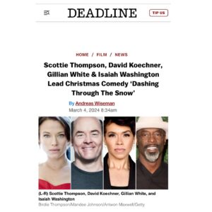 Scottie Thompson Instagram - Thrilled to be on board this Christmas comedy slay ride with such a phenomenally talented group. 
Thank you @princebagdasarian for directing our dashing adventure
@iamgillianwhite I couldn’t ask for a better partner with whom to tune my buddy comedy chops! And so great to be playing with @therealisaiahwashington @davidkoechner @actorjamesd @hunterives1 
Glad to be back at it with @yelaun 
🌟💚🌟
#deadline #christmas #indie #film
