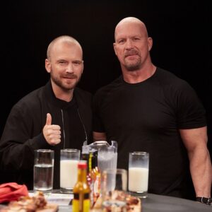 Sean Evans Instagram - Hot Ones w @steveaustinbsr is live and worth the watch whether ur a fan of the show or not. Thank you to all the fans for an amazing SEASON NINE we’ll see you again soon 🍾