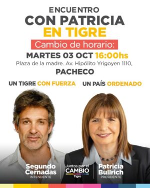 Segundo Cernadas Instagram - ¡Hoy con @patobullrich y @nestor.grindetti te esperamos en Pacheco a las 16hs!
Al país lo empezamos a cambiar desde cada municipio. Juntos vamos a hacer un Tigre con mucha fuerza para salir adelante y tener un país ordenado. 

#EsAhora y es para siempre. 
#PatoPresidente

@juntostigre