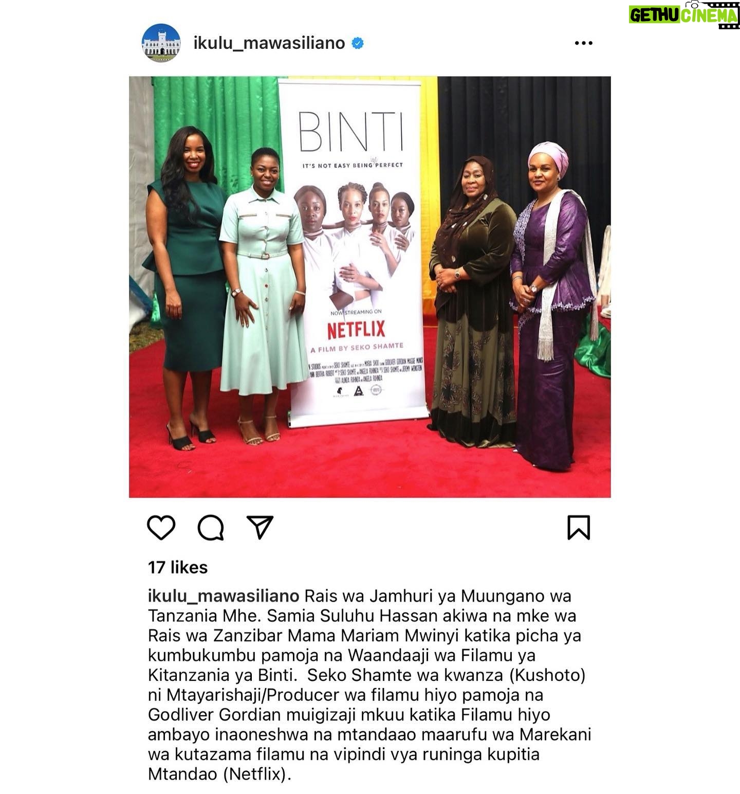 Seko Shamte - 1.3K Likes - We are incredibly honored to be invited to screen @bintimovie for her excellency the president of the United Republic of Tanzania Samia Suluhu Hassan and the First Lady of Zanzibar Mariam Mwinyi last night in an event to mark International Women’s Day. We are grateful for the recognition and this is a big win for our film and creative industries. We are valued and recognized in Tanzania. Thank you so much. @samia_suluhu_hassan and @ikulu_mawasiliano