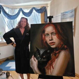 Sergey Glushko Instagram - Cat & Red 
120 × 100 см 
холст,масло
#тарзан #живопись #портрет