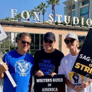 Seth MacFarlane Instagram - Picket line this morning with @davidagoodman1 and @charlizeafrica — and hey, today’s her birthday! Happy Birthday, Charlize!