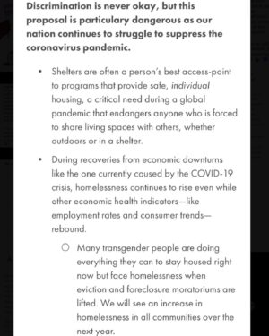 Seychelle Gabriel Instagram - Simple action below to support the transgender community this week:
▫️
The Department of Housing and Urban Development (HUD) is proposing a rule change to the existing Equal Access Rule which currently protects trans people from discrimination while seeking emergency shelter. This new proposed rule would give homeless shelters the option to turn away trans people. It would encourage shelters to look out for Adam’s apples and other physical features as “reasonable considerations” to determine a person’s biological gender (instead of listening to how that person identifies themselves) and using that to prohibit them from accessing a shelter that aligns with their gender identity.
▫️
It’s very harmful legislation that’s based on an unfounded argument that if laws are passed to protect trans folks (ie using a bathroom that aligns with their gender identity), that cis men will take advantage of it to harass women. But there’s no evidence of an increase in harassment/violence in any jurisdictions where trans protection laws have been passed (Check the Vox article “myth #3“ on their “Transgender People: 10 common myths” series), and passing trans protection laws doesn’t change the fact that it’s still illegal to assault anyone. Instead, this proposed rule only perpetuates the painful shaming of trans and gender non-conforming people, who are most at-risk for homelessness.
▫️
What you can do: Leave a public comment until next week (9/22), anonymous or not, and urge the HUD not to pass this degrading rule. Go to my saved stories for links to read the legislation and make your comment, and for more info on all of this. Won’t take long! 💙🤍💗
▫️
The slides are some helpful and usable points from HousingSavesLives.org. #HousingSavesLives
#translivesmatter