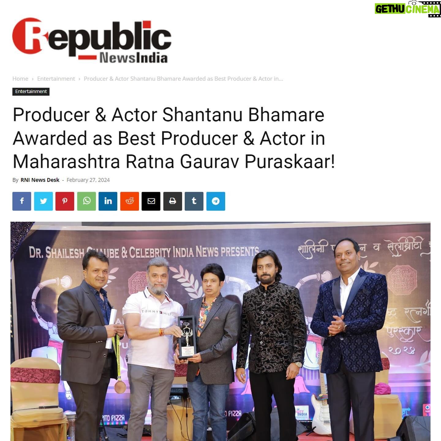 Shantanu Bhamare - 9.7K Likes - Producer & Actor Shantanu Bhamare Awarded as Best Producer & Actor in Maharashtra Ratna Gaurav Puraskaar on Sunday 25th February 2024 at Royal Connaught Boat Club, Pune. This Award is Presented by Shalini Foundation and Celebrity India News. Founder and President of the Foundation is Vishal Gore, Dr. Shailesh Chaubey is a Secretary & Anand Keshav is Treasurer of the Foundation.
Shantanu Bhamare also received Award from London Book Of World Records in the award function.
Chief Guest of the Award Function was Anirban Sarkar - Founder/Chairman of Deccan Water Treatment Pvt. Ltd, Deccaleap, TOP News TV Channel, Deccan AV Media, Hair Care Studio, Decca Green & Producer of Movie "Farzand", Veer Sawarkar Web Series & upcoming movie Daryasarang.
Along with Shantanu Bhamare, Scientist Professor Prabhat Ranjan (Vice Chancellor, D. Y. Patil International University AKurdi), IPS J.D Supekar Sir ( IG Maharashtra Police) for our Maharashtra, Vijay Patkar (President of Akhil Bharatiya Marathi Chitrapat Mahamandal), Shiv Thakare (Big Boss fame), Shivani Sonar (Raja Ranichi Ga Jodi fame), etc. were Awarded.
Prior to this Award, Shantanu Bhamare got an International Award in Leadership which he got at Denver, USA. He is also Awarded with Rajshree Shahu Samaj Ratana (Social Diamond) Puraskar (Award) for his significant contribution in Information Technology, Education & Social Work, Best Producer of Maharashtra Award, Awarded By Maharashtra Governor Shri Bhagat Singh Koshyari, Legend Dadasaheb Phalke Award, Bollywood Legend Award, Shakti Ratna Puraskar (Award), Prestigious Mother Teresa Award and many more Awards.
#shalinifoundation #MaharashtraRatnaGauravPuraskaar #Producer #Actor #actorlife